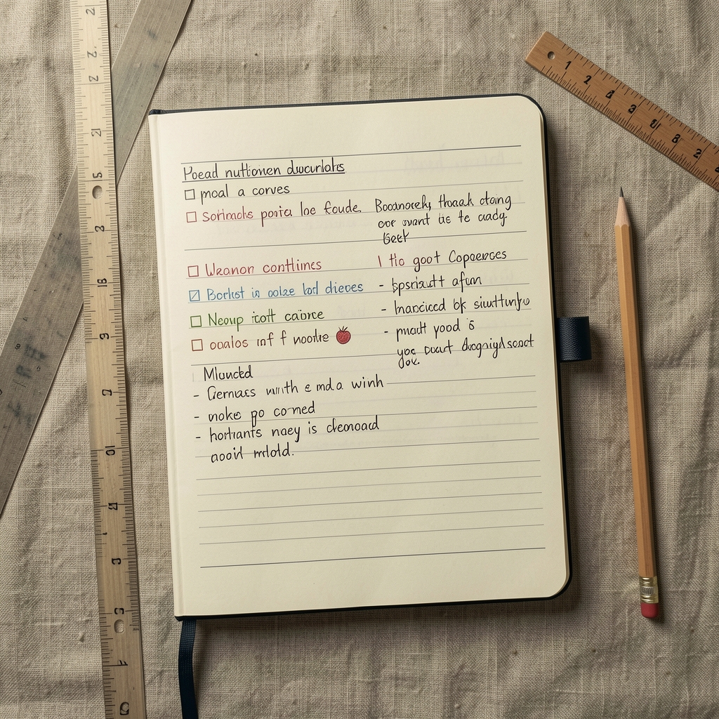 Overhead view of a nutritional journal with handwritten meal and mood annotations, pencil and ruler beside it on a linen surface