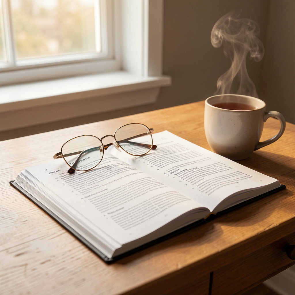A quiet desk workspace with a stack of open nutritional research papers, reading glasses, and a steaming cup of tea, warm natural light