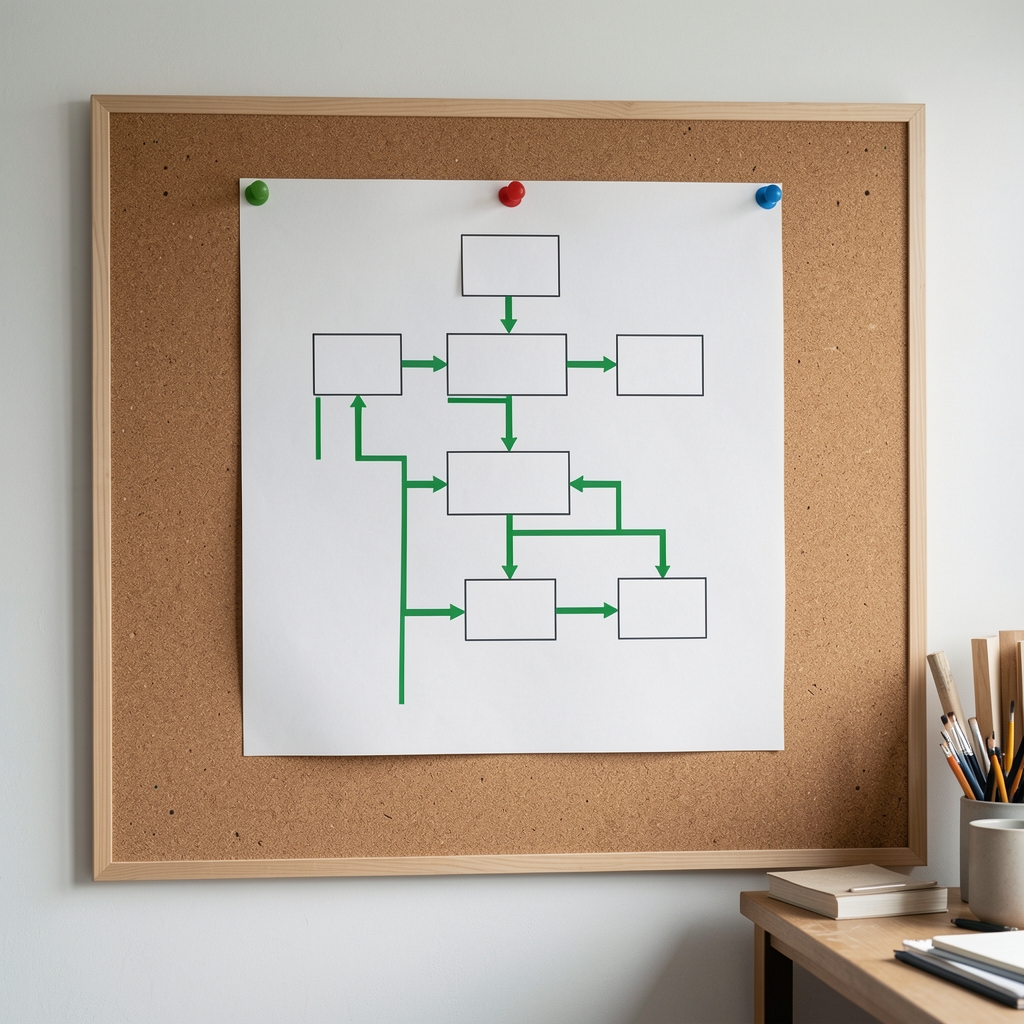 Structured methodology flowchart pinned to a cork board in a professional practice room, showing six sequential stages with green connector lines, clean studio lighting