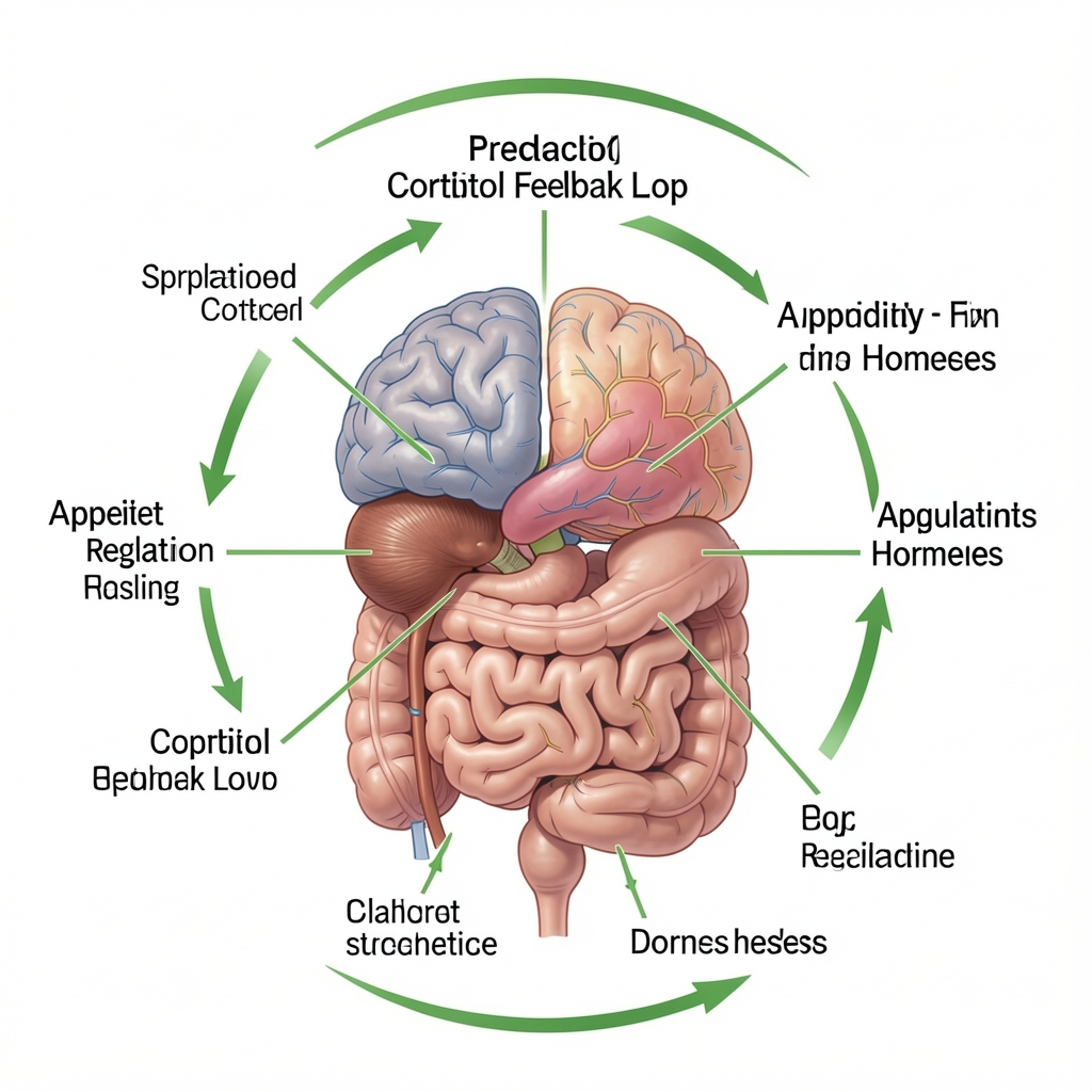 Scientific diagram of cortisol feedback loop and appetite regulation hormones, clean white background with green annotations