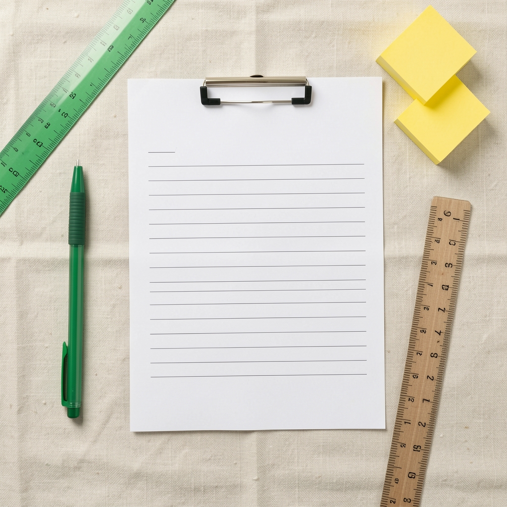 Overhead flat-lay of a structured intake assessment form on a cream linen surface with a green pen, ruler, and small yellow sticky notes