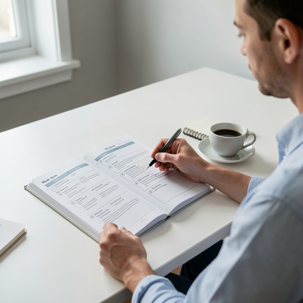 A person seated at a clean desk reviewing a week-by-week programme workbook, coffee cup and notebook beside them, calm focused atmosphere