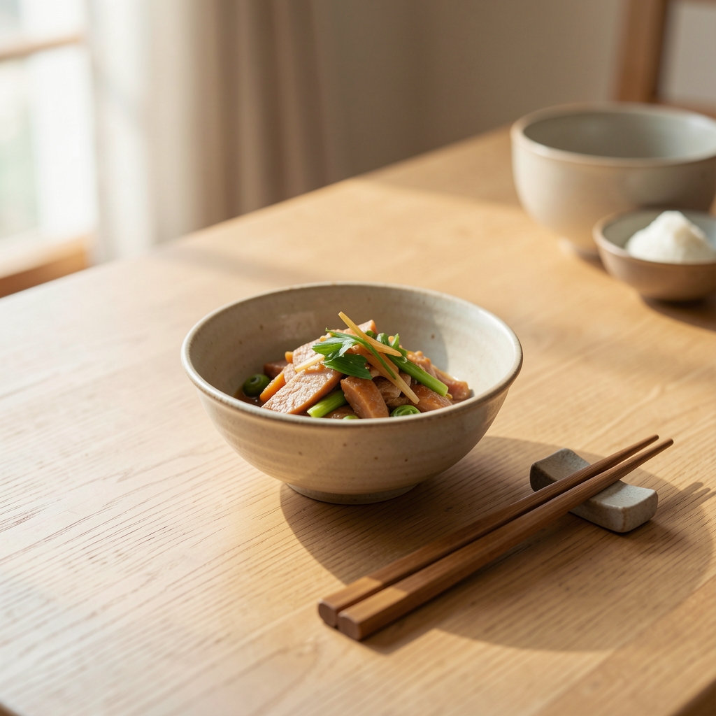 Serene table setting with a single bowl of food, wooden chopsticks beside it, soft natural light, emphasis on mindful eating atmosphere