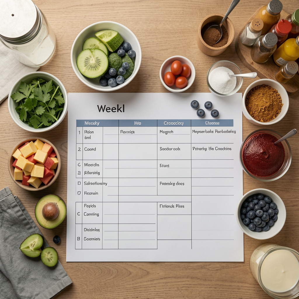 Top-down view of a weekly meal plan spread on a kitchen table with ingredients grouped by category, minimal styling, practical planning atmosphere