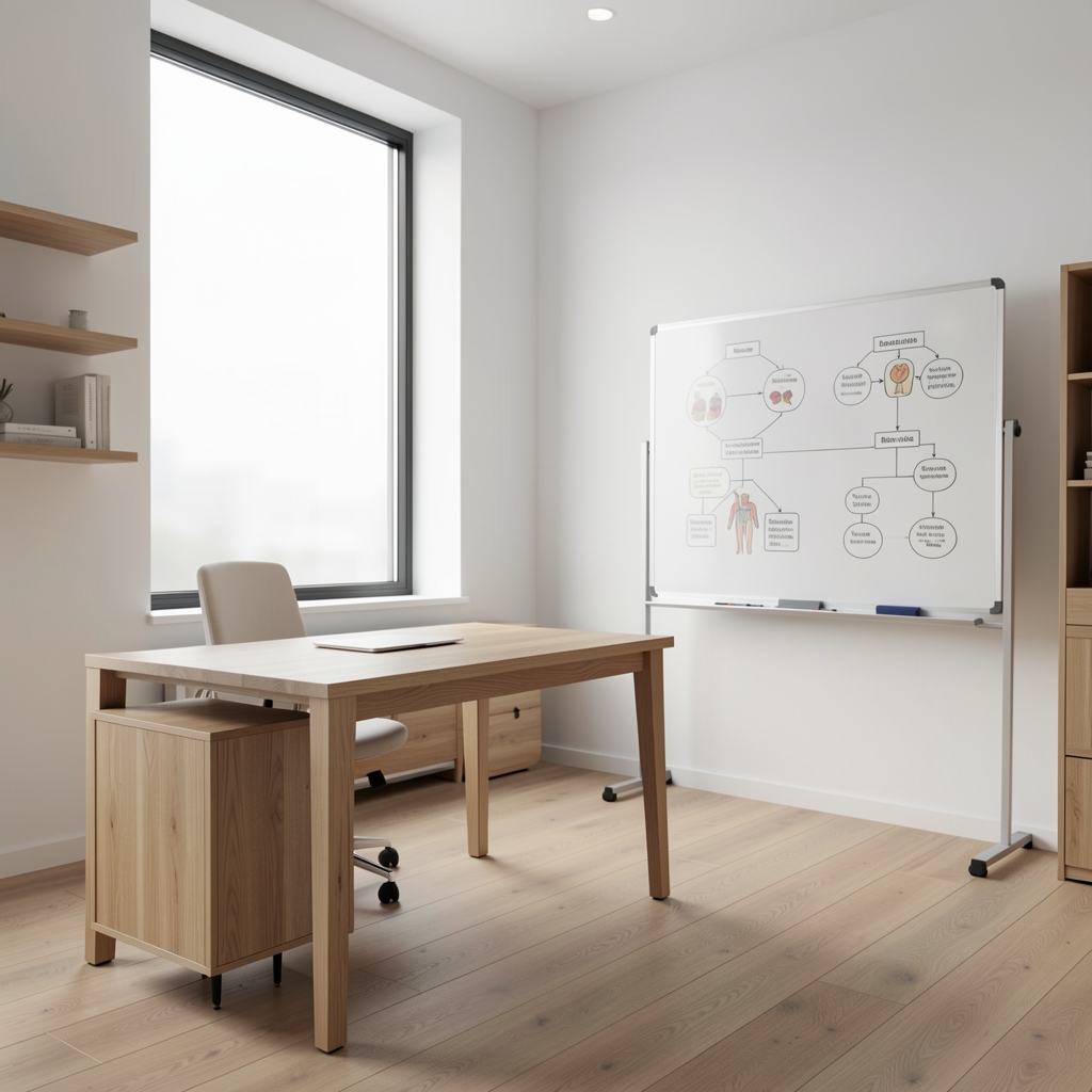 Interior view of a minimal professional consultation room with natural wood furniture, large window with diffused light, and a whiteboard with nutritional framework diagrams