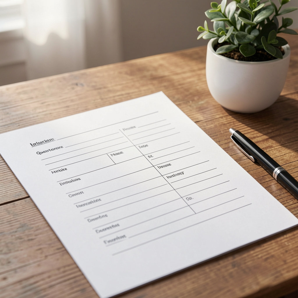 Detailed close-up of a structured intake questionnaire form on a wooden desk with a pen beside it and a small potted plant in the background