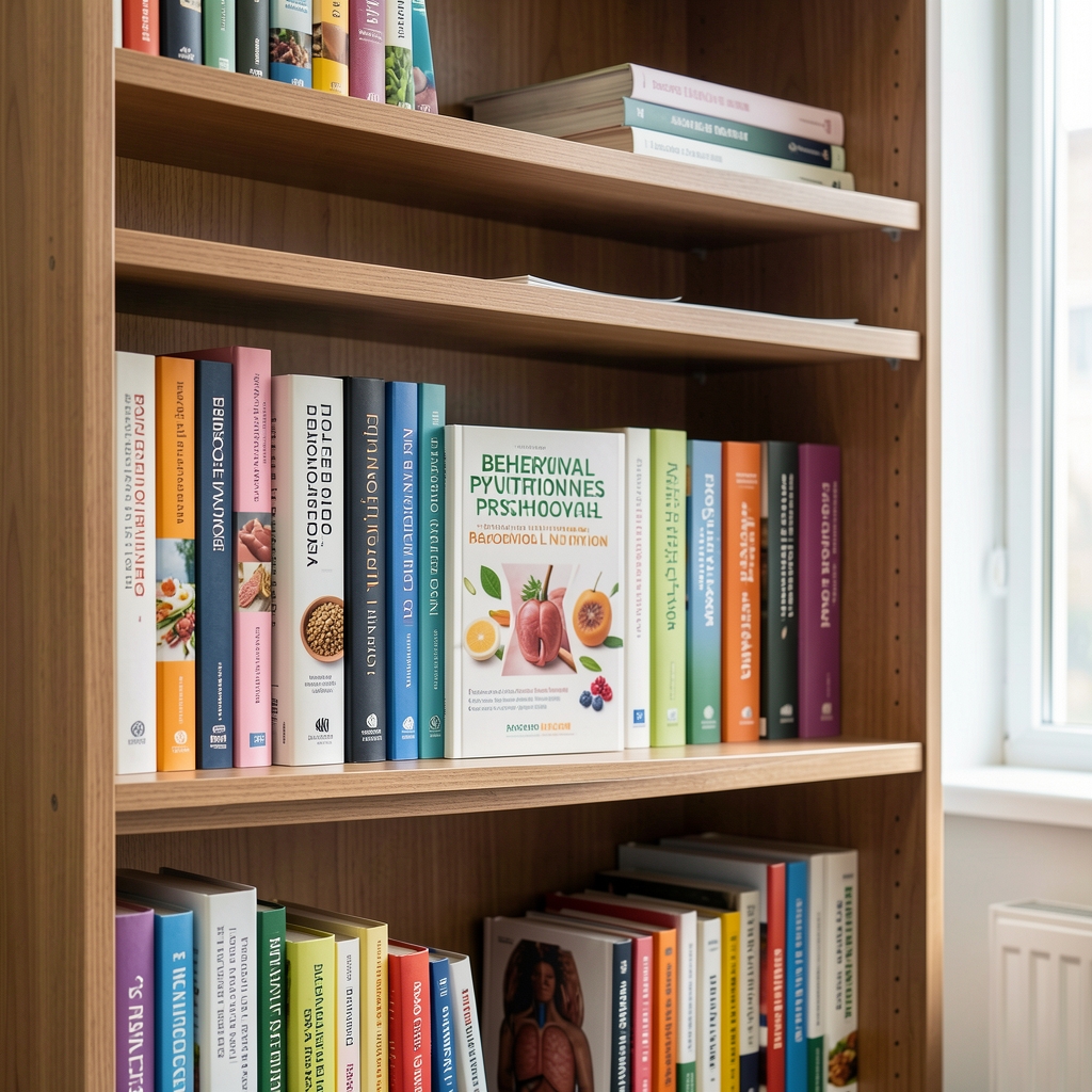 Bookshelf in a professional nutrition practice office showing research volumes on food psychology, behavioural nutrition, and appetite science